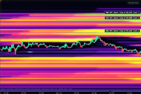 The liquidation map: bright bands where leveraged positions would be forced out